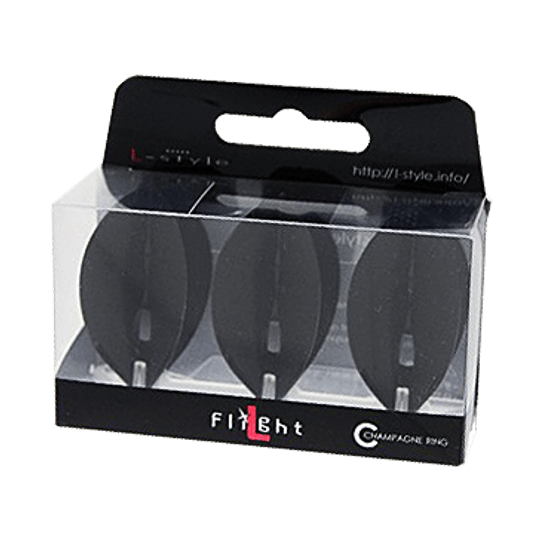 Ailettes L-Style Champagne L2PRO Teardrop - Noir Das Bild zeigt eine Packung mit L-Style Champagne L2PRO Teardrop Flights in Schwarz. Die Verpackung enthält drei schwarze Dartflights, die sichtbar durch das Klarsichtfenster sind.