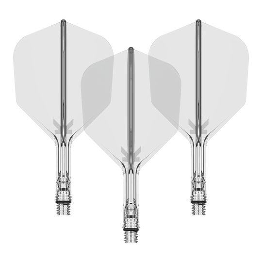 Volets Target K-Shift No6 - Transparent Ein Set von Target KShift No6 Dart-Flights in klarer, durchsichtiger Optik, 19 mm lang. Die Abbildung zeigt mehrere Flights als Set.