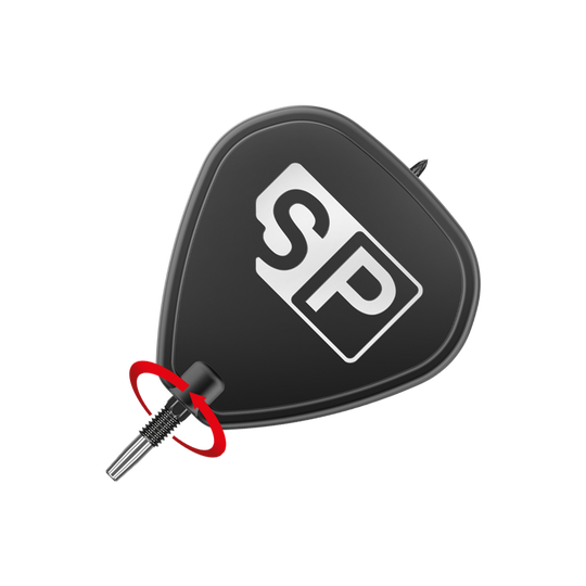 Pointes de fléchettes Target Swiss Point DX - Noir Das Bild zeigt eine schwarze Dartspitze mit der Aufschrift "SP" darauf. Ein roter Pfeil deutet auf eine Drehbewegung an der Schraubstelle hin.