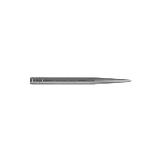Pointes de fléchettes Condor Beak Point sans découpe Das Bild zeigt eine silberne Dartspitze, die lang und schmal ist. Sie hat keine zusätzlichen Schnitte und misst 32 mm in der Länge.