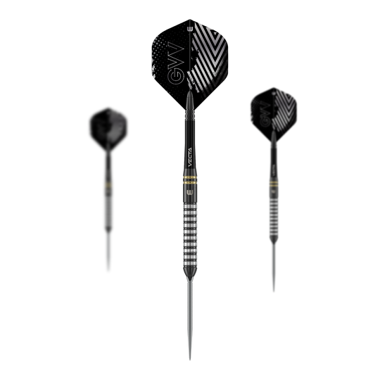 Fléchettes en acier Winmau Gian Van Veen TS Switch Point Zu sehen sind Winmau Gian Van Veen TS Switch Point Steeldarts als Set. Das Bild zeigt mehrere Darts nebeneinander.