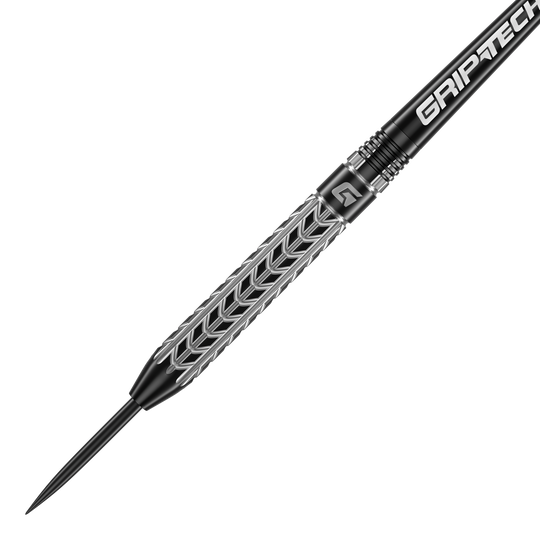 Fléchettes GOAT Traction en acier tungstène Das Bild zeigt einen GOAT Traction Tungsten Steeldart mit einem silbernen, strukturierten Griffbereich. Auf dem Schaft steht in weißer Schrift "GRIPTECH".