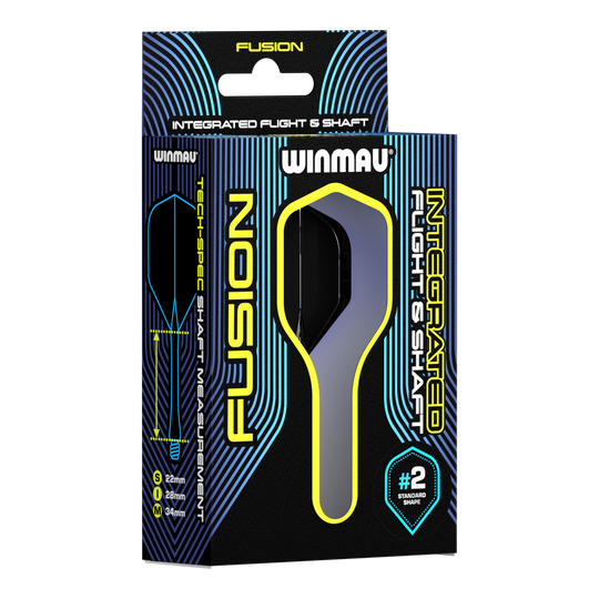 Système d'arbre de vol Winmau Fusion Standard Noir Auf dem Bild ist eine Verpackung des Winmau Fusion Integrated Flight & Shaft Systems zu sehen. Die Schachtel ist schwarz mit blauen und gelben Akzenten und enthält Flights und Shafts für Darts.