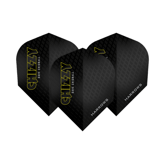 Les vols de la série 3 de Dave Chisnall Chizzy de Harrow Das Bild zeigt drei Dartflights der Marke Harrows aus der Dave Chisnall Chizzy Series 3. Die Flights sind schwarz mit gelbem Schriftzug „CHIZZY“ und verfügen über ein dezentes Rautenmuster.