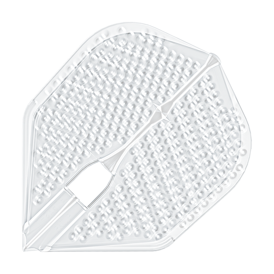 Vols de style L Dimple Champagne Forme L3PRO Das Bild zeigt ein durchsichtiges Dartflight mit einer dimpled (genoppten) Oberfläche. Es handelt sich um das Produkt "L-Style Flights Dimple Champagne L3PRO Shape".