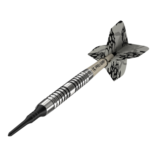 Fléchettes souples Target EXO 10 Das Bild zeigt einen Target EXO 10 Softdart. Der Dartpfeil hat ein silbernes, gerieftes Barrel und schwarz-graue Flights mit Muster.