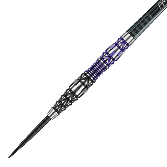 Fléchettes en acier Winmau Simon Whitlock Édition Spéciale 2020 Das Bild zeigt einen Winmau Simon Whitlock Special Edition 2020 Steeldart. Der Dart hat ein auffälliges Design mit schwarzen, silbernen und violetten Elementen am Griff.
