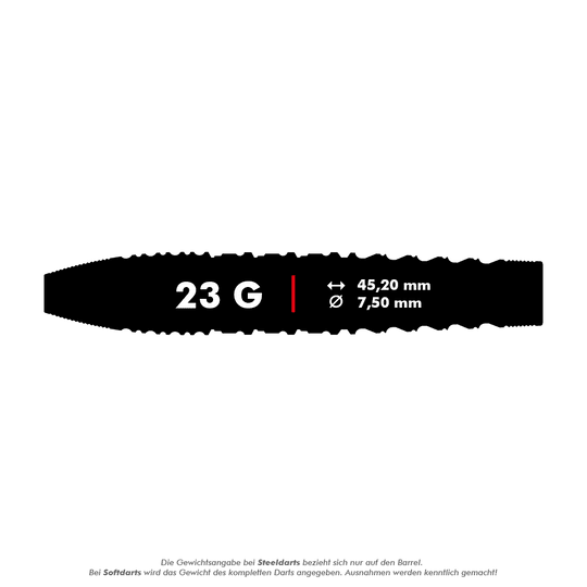 Fléchettes en acier Target Japan Prime Series Tung Suk Zenith GEN1 Swiss Point - 23 g Das Bild zeigt die Maße und das Gewicht des Produkts "Target Japan Prime Series Tung Suk Zenith GEN1 Swiss Point Steeldarts - 23g". Der Dart wiegt 23 Gramm, ist 45,20 mm lang und hat einen Durchmesser von 7,50 mm.
