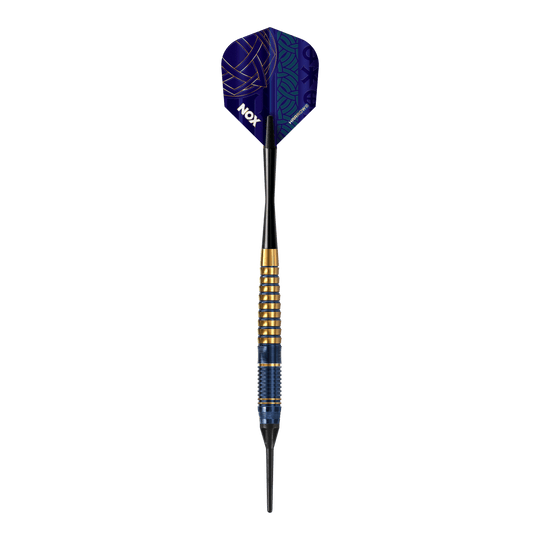 Fléchettes souples en laiton premium Harrows Nox Harrows Nox Premium Brass Softdarts. Gezeigt wird ein Softdart-Set aus der Nox Premium Brass Serie von Harrows.