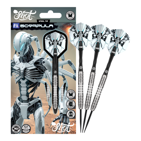 Shot IA Scorpula Steeldarts Zu sehen sind die Shot AI Scorpula Steeldarts in ihrer gesamten Länge. Das Produkt ist hochwertig verarbeitet.