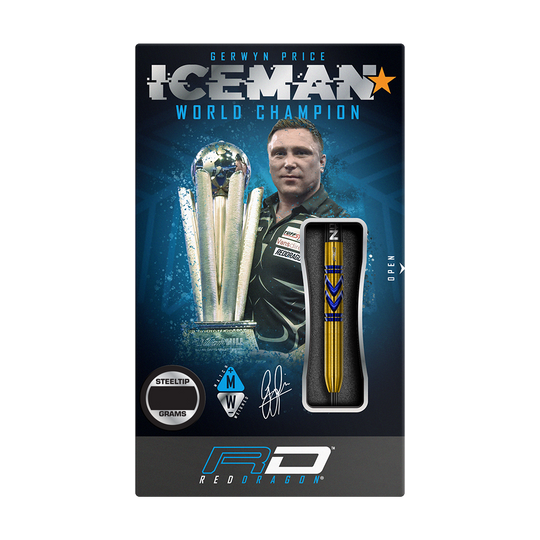 Die Verpackung zeigt die "Red Dragon Gerwyn Price Avalanche Gold Softdarts - 20g". Auf der Vorderseite sind das Dart-Design, ein Bild von Gerwyn Price und der Schriftzug "ICEMAN World Champion" zu sehen.