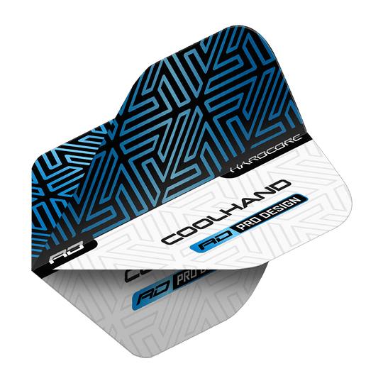 Vols Red Dragon Hardcore Luke Humphries Bleu Blanc Premium Standard Das Bild zeigt die Red Dragon Hardcore Luke Humphries Blue White Premium Standard Flights. Die Flights sind blau-weiß gestaltet und tragen die Aufschrift „COOLHAND“ sowie „RD PRO DESIGN“.