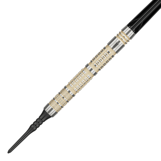 Zu sehen sind die Target Dimitri Van Den Bergh 95K Softdarts mit 19 Gramm Gewicht. Sie eignen sich ideal für ambitionierte Dartspieler.
