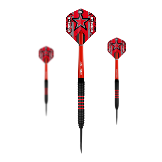 Fléchettes en acier Winmau Joe Cullen en laiton - 20 g Das Bild zeigt drei Winmau Joe Cullen Brass Steeldarts mit einem Gewicht von 20g. Die Darts haben rote Flights mit einem schwarzen Stern und schwarzen sowie roten Griffbereichen.