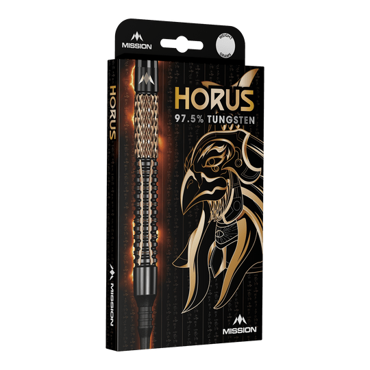 Fléchettes souples Mission Horus - 19 g Die Abbildung zeigt die Verpackung der "Mission Horus Softdarts - 19g". Auf der Vorderseite sind der Dartpfeil, der Produktname und ein goldener Horus-Kopf abgebildet.