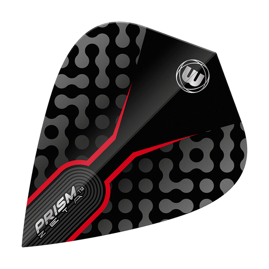 Vols de cerf-volant royal noir Winmau Zeta Das Bild zeigt ein Winmau Zeta Black Red Kite Flight für Darts. Das Flight ist schwarz mit grauen Punkten und auffälligen roten Akzenten gestaltet.