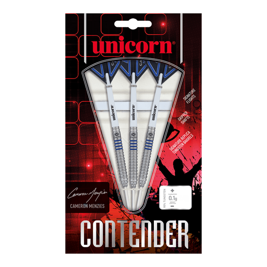 Fléchettes en acier Unicorn Contender Cameron Menzies - 23 g Das Bild zeigt eine Packung Unicorn Contender Camerion Menzies Steeldarts mit einem Gewicht von 23g. In der Verpackung befinden sich drei silberne Darts mit blauen Akzenten.