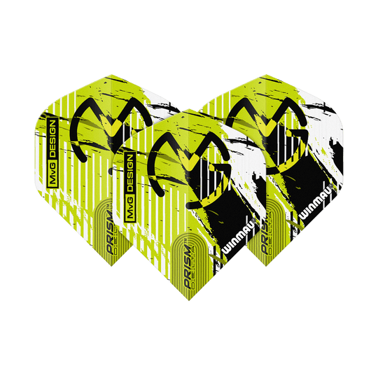 Das Bild zeigt drei Dartflights des Modells "Winmau Delta Michael Van Gerwen Prism 03 Standard". Die Flights sind gelb-schwarz-weiß gestaltet und tragen das MVG-Logo sowie die Aufschrift "PRISM DELTA" und "WINMAU".