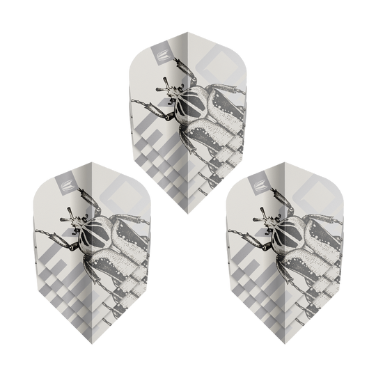 Vols Target Pro Ultra Exo 2.0 Ten-X - 3 jeux Das Bild zeigt drei Sätze der Target Pro Ultra Exo 2.0 Ten-X Flights. Auf den Flights ist ein detailreiches Käfermotiv in Schwarz-Weiß abgebildet.