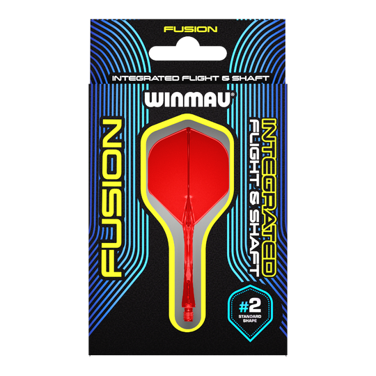 Système d'arbre de vol Winmau Fusion Standard Rouge Das Bild zeigt eine Verpackung für das Winmau Fusion Integrated Flight & Shaft System in Rot. Im Mittelpunkt ist ein integrierter Dart-Flügel mit Schaft der Größe #2 im Standard-Shape zu sehen.