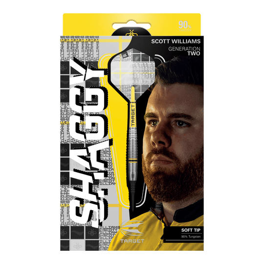 Fléchettes souples Target Scott Williams GEN2 - 18 g Das Bild zeigt die Verpackung der "Target Scott Williams GEN2 Softdarts - 18g". Auf der Vorderseite sind ein Dartpfeil, das Gesicht von Scott Williams und der Schriftzug "SHAGGY" prominent zu sehen.