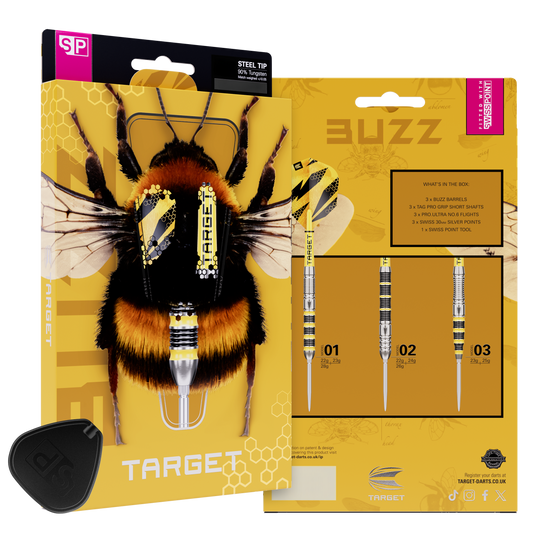 Fléchettes en acier Target Buzz 01 Swiss Points Hier sieht man Target Buzz 01 Swiss Points Steeldarts. Die Darts zeichnen sich durch ihr spezielles Swiss Points System aus.