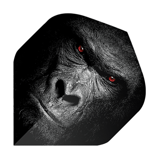 Pentathlon Vols Gorille Das Bild zeigt ein Dart-Flight mit dem Gesicht eines Gorillas. Die Augen des Gorillas leuchten rot und der Hintergrund ist dunkel gehalten.