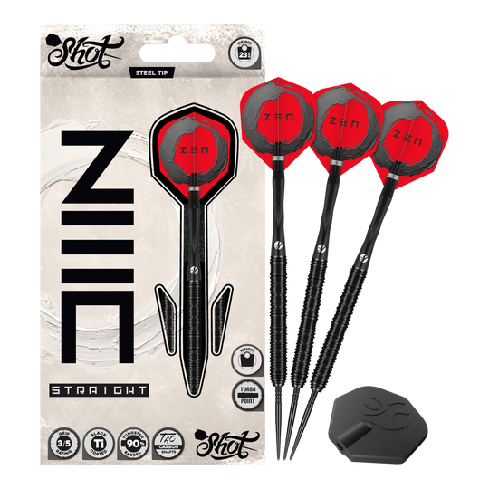 Fléchettes en acier Shot ZEN Straight Turbo Point - 23 g Das Bild zeigt Shot ZEN Straight Turbo Point Steeldarts - 23g in voller Länge. Die Steeldarts werden vollständig dargestellt.