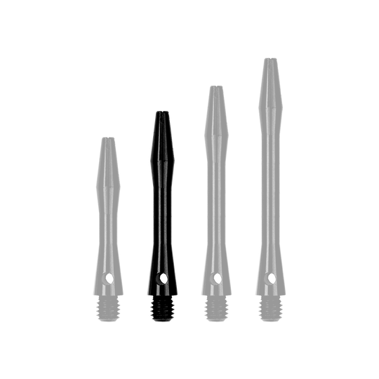 502_Aluminium_Shafts_Schwarz_35mm_1irLxveMb0BXGF Auf dem Bild sind vier schwarze Aluminium-Schäfte in unterschiedlichen Längen zu sehen. Sie stehen nebeneinander und haben alle ein Gewinde am unteren Ende.