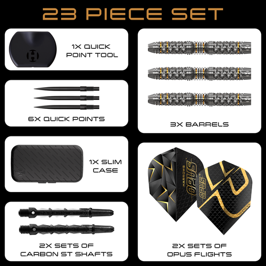 Auf dem Bild sind die Harrows Opus Quick Point Steeldarts mit 23g zu sehen. Diese Darts eignen sich für das Steeldartspiel.