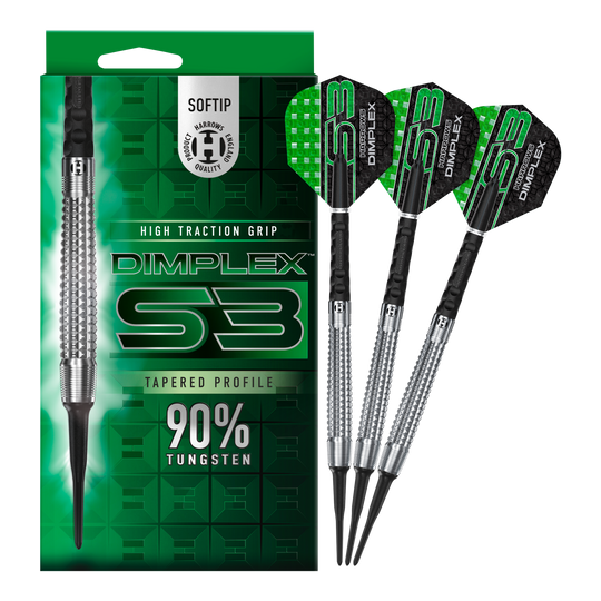 Fléchettes souples coniques Harrows Dimplex S3 Das Bild zeigt eine Packung und drei Softdarts der Marke "Harrows Dimplex S3 Tapered". Die Darts bestehen zu 90 % aus Tungsten und haben eine hohe Grifftraktion.