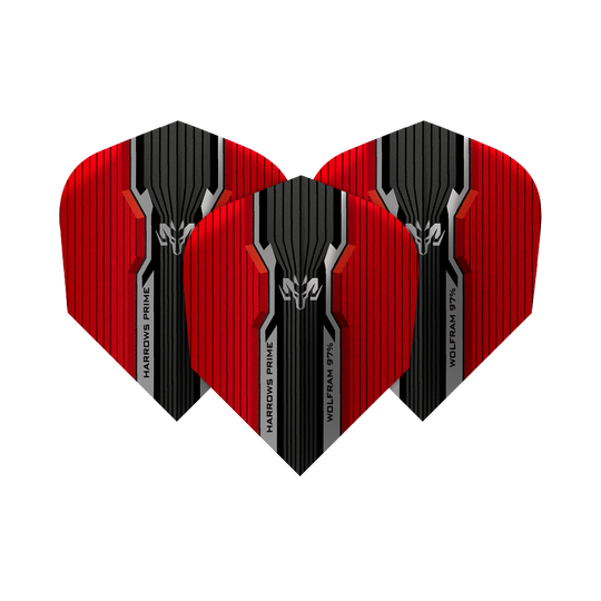 Das Bild zeigt drei Harrows Prime Wolfram Infinity No2 Standard Flights. Sie sind rot und schwarz mit einem modernen, kantigen Design.