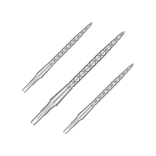 Pointes de fléchettes Target Swiss Storm Diamond Point - Argent Auf dem Bild sind drei silberne Dartspitzen mit einem rautenförmigen Muster zu sehen. Sie sind lang und schmal und liegen nebeneinander auf einem neutralen Hintergrund.