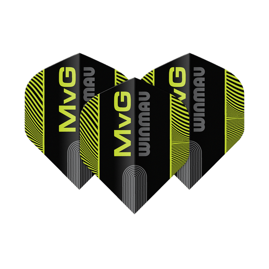 Das Bild zeigt die Winmau Prism Delta MvG Black Green Text No2 Standard Flights. Es handelt sich um Dart-Flights in Schwarz und Grün mit Text-Design.