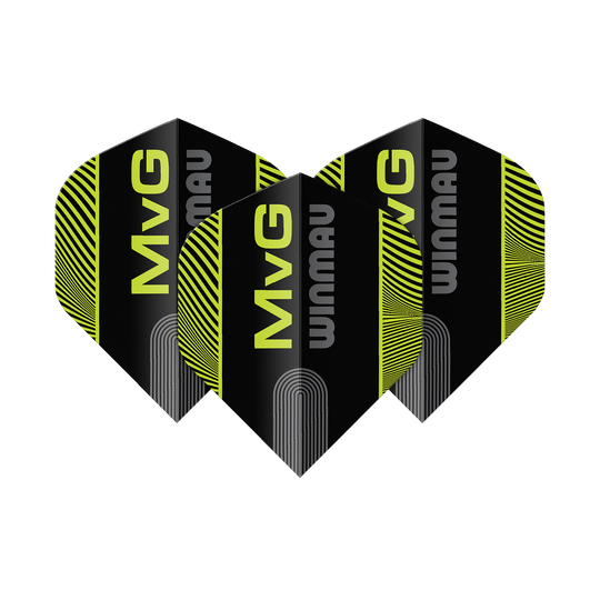 Vols standard Winmau Prism Delta MvG Noir Vert Texte N°2 Das Bild zeigt die Winmau Prism Delta MvG Black Green Text No2 Standard Flights. Es handelt sich um Dart-Flights in Schwarz und Grün mit Text-Design.