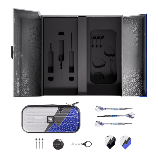 Zu sehen sind die Target Phil Taylor Power X Chrono Softdarts. Das Bild zeigt drei Darts nebeneinander.
