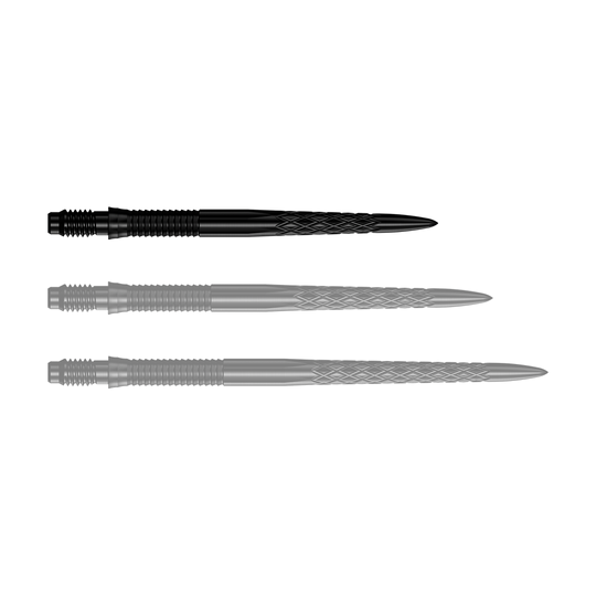 Pointes de fléchettes Mission R2.5 Rapid Point DSX - Noires Das Bild zeigt eine Reihe von schwarzen Dartspitzen mit der Bezeichnung 30mm. Die Spitze ist für den Einsatz in Darts geeignet.