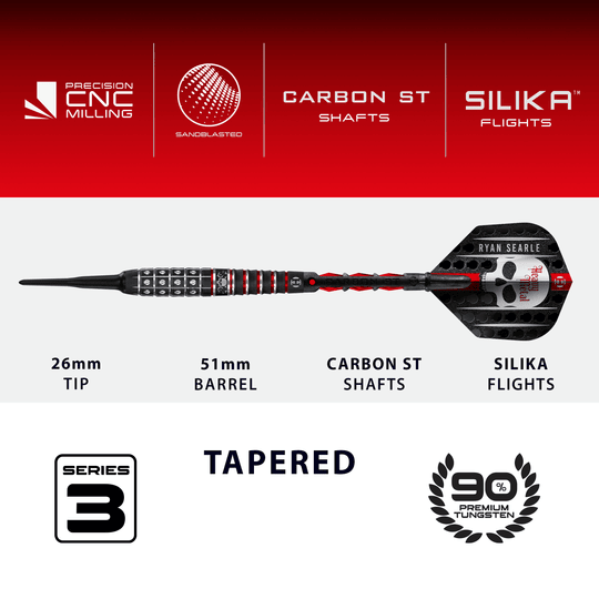 Fléchettes souples Ryan Searle Series 3 de Harrow Das Bild zeigt die Harrows Ryan Searle Series 3 Softdarts. Diese Dartpfeile sind für den Softdartbereich konzipiert.