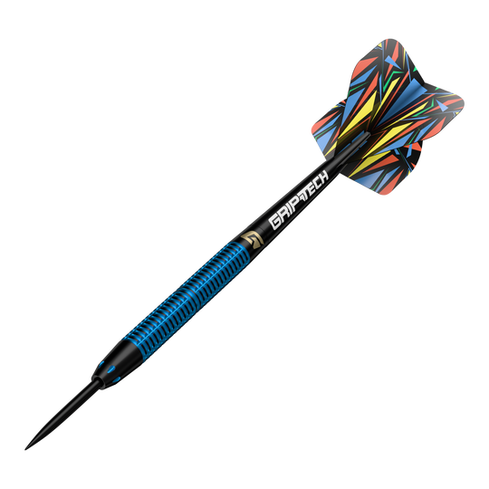 Fléchettes en acier GOAT Athlete en laiton bleu - 12 g Dies ist der GOAT Athlete Blue Brass Steeldart mit einem Gewicht von 12g. Er hat ein auffälliges, bunt gemustertes Flight und einen blau-schwarzen Schaft mit der Aufschrift "GRIPTECH".