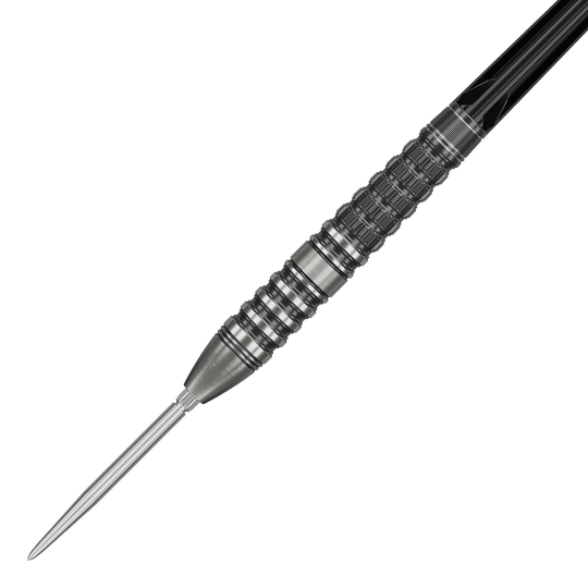 Fléchettes en acier Target Japan Black Marque Lumiere GEN3 Das Bild zeigt den Target Japan Black Marque Lumiere GEN3 Steeldart. Der Dart hat ein silbernes, fein strukturiertes Barrel mit schwarzen Akzenten und einer scharfen Spitze.