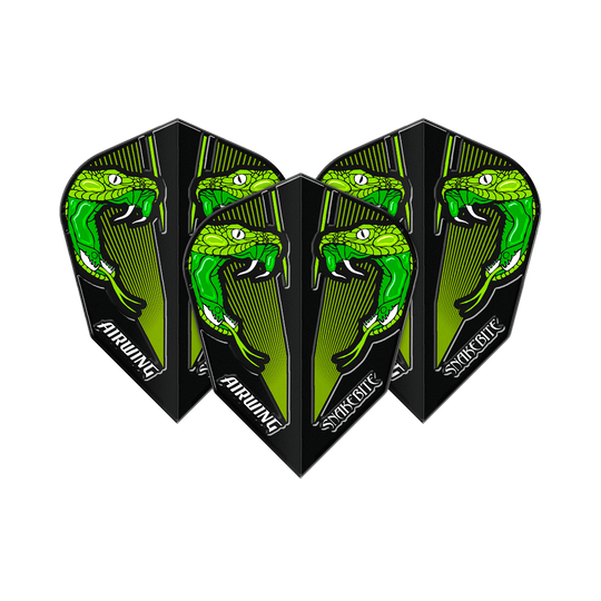 Vols Red Dragon Airwing Peter Wright Green V-Standard Das Bild zeigt drei Dartflights mit einem auffälligen grünen Schlangenkopf-Design. Auf den Flights steht "AIRWING" und "SNAKEBITE".