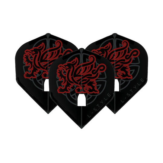 L-Style Jim Williams V2 L1PRO Flights Das Bild zeigt drei schwarze Dart-Flights mit einem roten, stilisierten Löwen-Design. Unten auf den Flights steht der Schriftzug "L-Style".