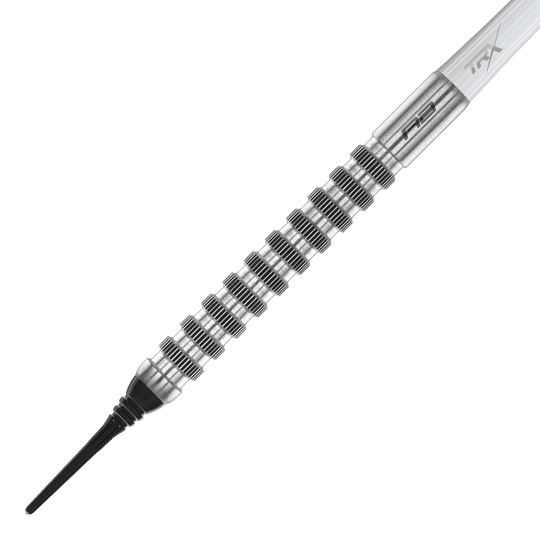 Fléchettes souples Red Dragon Javelin Speedline - 20 g Das Bild zeigt einen Red Dragon Javelin Speedline Softdart mit einem Gewicht von 20g. Der Dart hat ein silbernes, geriffeltes Barrel und eine schwarze Softspitze.