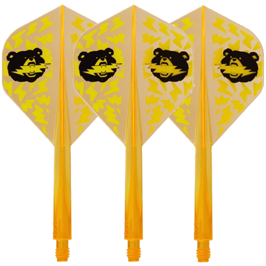 Hache Condor Black Bear Miyu Miyawaki Flight Shaft Orange Néon - Standard Das Bild zeigt vier neonorange Dartflights mit gelbem Blitzmuster und einem schwarzen Bärenkopf darauf. Die Flights sind in Standard-Form gestaltet und tragen den Namen "Condor Axe Black Bear Miyu Miyawaki".