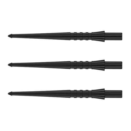 X0489-RedDragon-Raptor-GT-Points-1 Das Bild zeigt drei schwarze Dartspitzen des Produkts "RedDragon Raptor GT Points - 32mm - Spitzen". Die Spitzen sind schmal, lang und haben eine gerillte Struktur im mittleren Bereich.