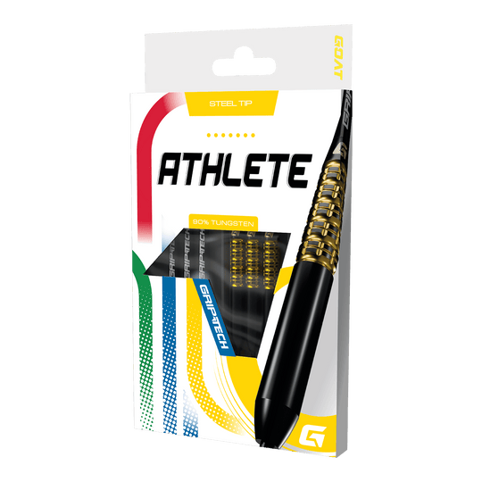 Fléchettes GOAT Athlete en acier tungstène jaune Das Foto zeigt einen gelben Tungsten-Steeldart. Das Produkt wird als 'GD7000770 GOAT Athlete Yellow Tungsten Steeldarts 3' bezeichnet.