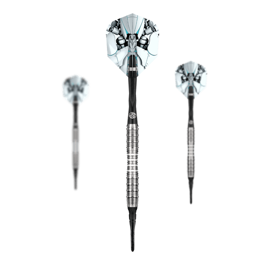 Das Bild zeigt ein komplettes Set der Shot AI Scorpula Softdarts - 20g. Es handelt sich um ein Set für Softdart-Spieler.