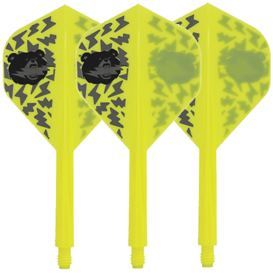 Das Bild zeigt drei gelbe Dartflights mit schwarzem Bärenmotiv und Blitzmustern. Die Flights gehören zum Produkt „Condor Axe Black Bear Miyu Miyawaki Flight-Shaft Yellow – Standard“.