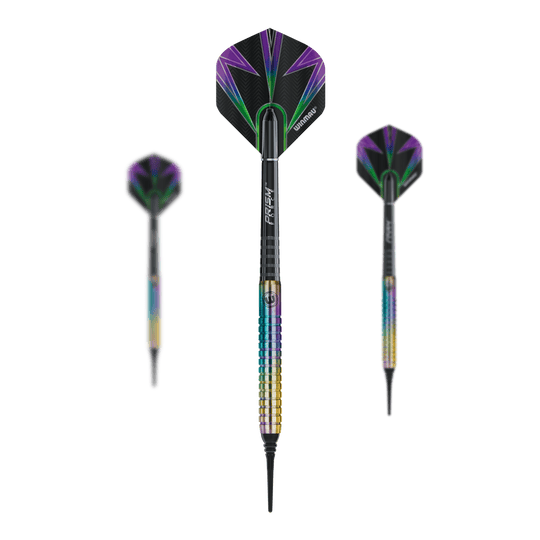 Fléchettes souples Winmau Foxfire Urban - 20 g Das Bild zeigt drei Winmau Foxfire Urban Softdarts mit einem Gewicht von 20g. Die Darts haben auffällige, bunte Flights mit lila und grünen Blitzmustern sowie einen metallisch schimmernden Griff.