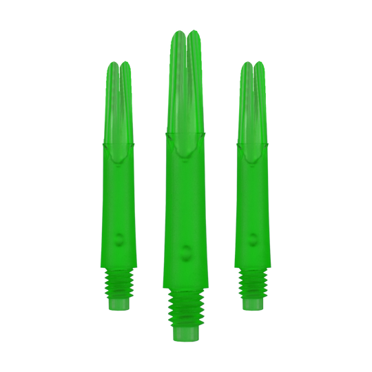 Arbres en L verrouillés droits - Verts Auf dem Bild sind drei gerade, grüne Dartschäfte ohne Kappen zu sehen. Sie sind durchsichtig und haben am unteren Ende ein Gewinde.